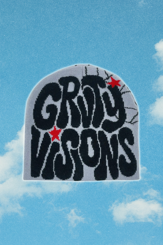 Berretto Knit Grigio con Grafica Nera/Rossa e Ragnatela